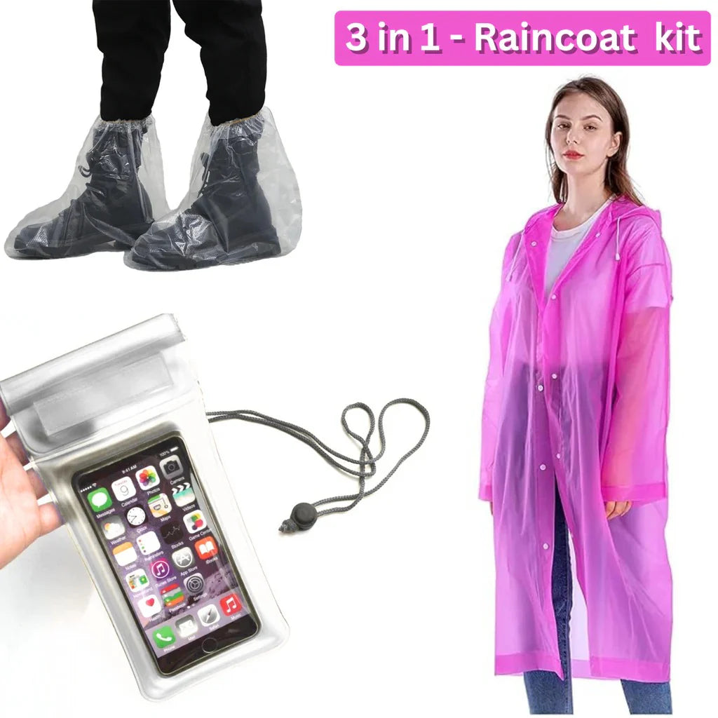 3-in-1 Rainy Kit | Raincoat + Waterproof Mobile Pouch + Shoe Cover (Unisex)